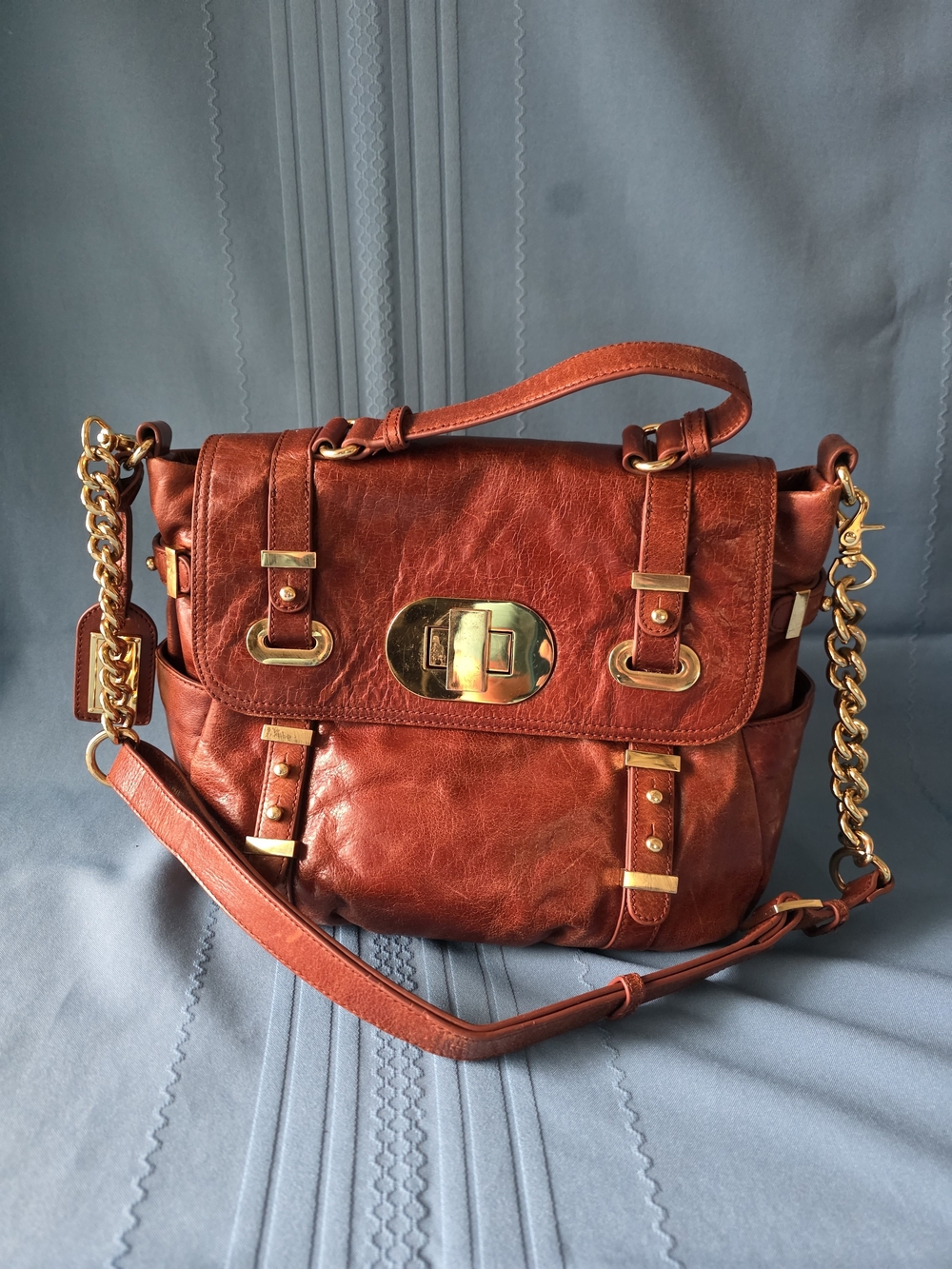 Badgley Mischka Turnlock Flap Distressed Leather Satchel Crossbody Amber Brown